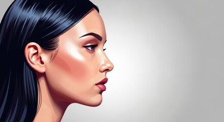 Naklejka premium Graceful side profile showcasing refined facial features and shiny dark hair, highlighted by soft lighting against a neutral background, lighting, glossy, background