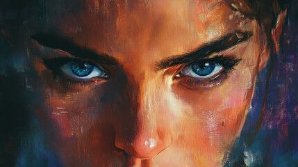 Naklejka premium Close-up painted woman's intense eyes, dramatic face, vibrant colors