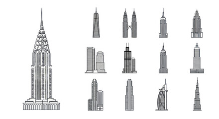 Fototapeta premium Famous Skyscrapers Collection: Iconic Architecture Line Art