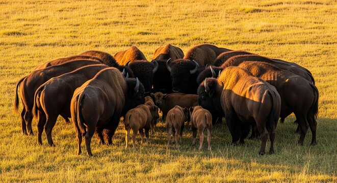 Large buffalo gather in a defensive formation to protect their vulnerable young calves in the middle of a golden field during sunset light, herd, ecology, family