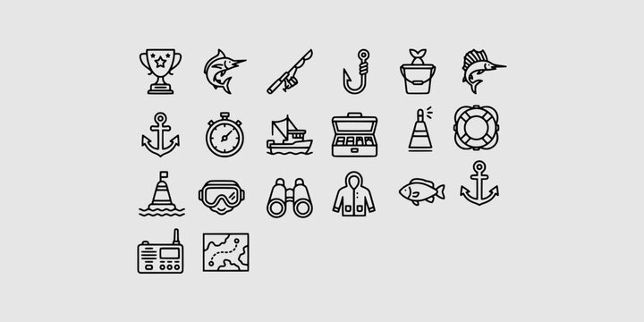 Icon set collection of professional commercial fishing and maritime navigation tools featuring anchors, boats, binoculars, fish, trophies, and safety equipment.