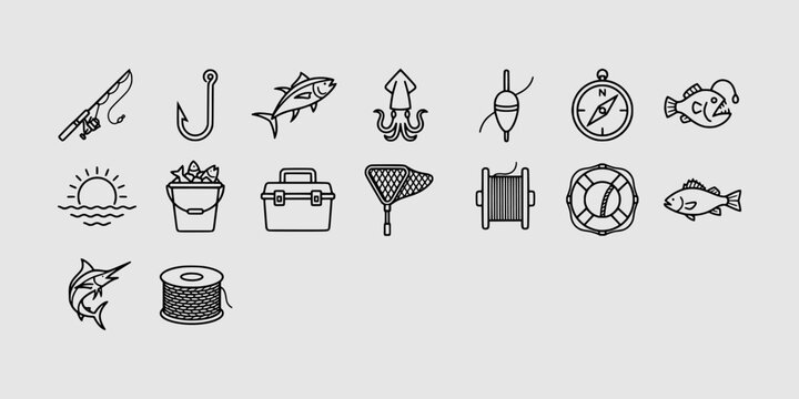 Icon set collection of angling and sport fishing gear elements featuring rods, hooks, bait, compass, nets, and deep-sea fish symbols.