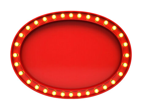 Glowing empty oval marquee sign frame featuring bright yellow incandescent bulbs in a classic circus theater style&nbsp;&nbsp;