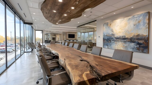 Contemporary office conference room features an expansive live edge wood table and scenic views from large du daytime showcasing artwork.