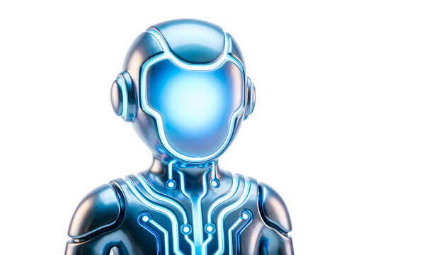 Macro shot of a stylized 3D AI digital assistant character with a glowing blue visor screen isolated on white.