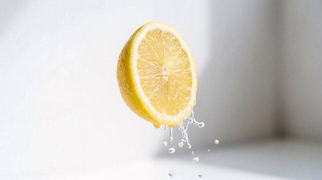 Minimal lemon slice splashing on white background