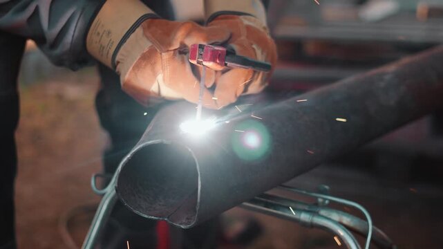 Industrial worker performs detailed welding on round steel pipe using protective equipment and electric electrode. Flying sparks and smoke emphasize reliable metal repair and technical expertise.
