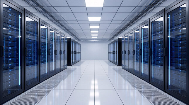 Empty blue data center corridor with server racks