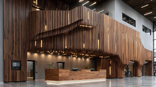 Interior view of a modern office lobby featu a unique wooden slat design and reception desk in a well lit architectural space.