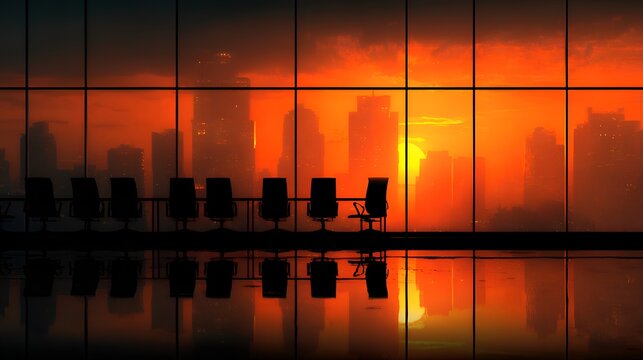 Empty boardroom reflects the vibrant sunset and cityscape through large , hinting at pending decisions in modern business setting.