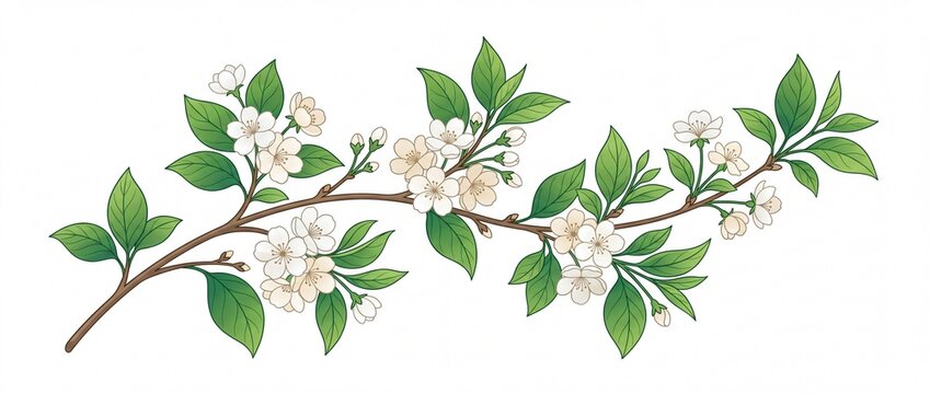 Delicate cherry blossom branch with green leaves spring floral illustration for nature and beauty des