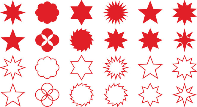 Collection of red star and geometric burst shapes in solid and outline styles arranged in a grid on a white background