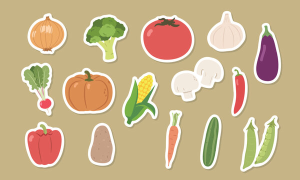 Vegetables clipart cartoon stickers set. Carrot, tomato, broccoli, pumpkin, onion, eggplant, mushroom, bell pepper, chilli pepper, bean, cucumber, potato, garlic, corn stickers vector design