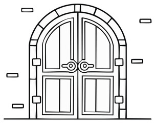 Fototapeta premium Arched double doorway entrance with decorative handles and brick facade in a simple line drawing