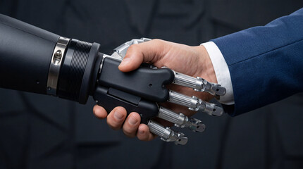 Robot handshake with human hand on dark background
