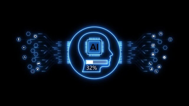 AI Processing Progress Animation with 65 Percent Intelligent Neural Computing System and Futuristic Digital Brain Interface