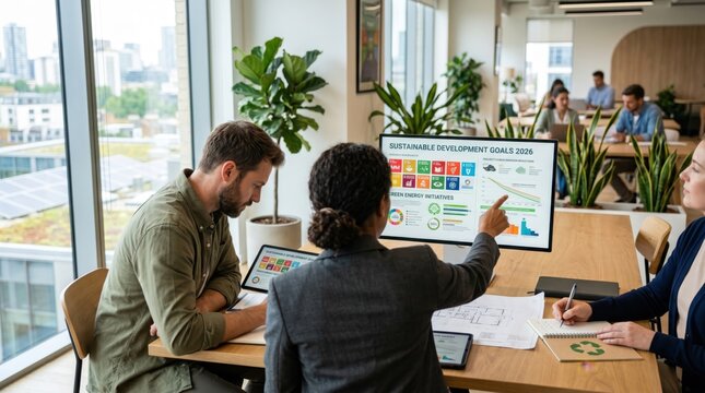 Corporate team reviewing sustainable development goals presentation on large monitor, green energy initiatives discussion in eco-friendly office