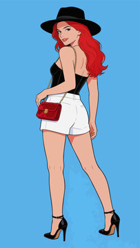 Fashionable Female Illustration with Red Hair and Stylish Outfit
