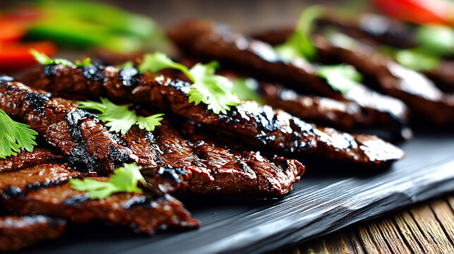 Grilled skewers of beef strips with coriander barbecue appetizing coriander restaurant