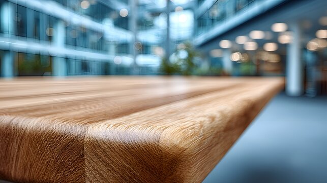 A smooth wooden surface displays a shallow depth of field against the backdrop of a large modern office building on a bright sunny day.