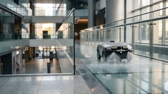Autonomous floor cleaning robot spraying mist in a modern office hallway