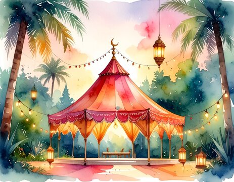 Ornate red-roof gazebo amid tropical palms and flowers, lanterns glowing warmly, misty mountains and colorful sky, symbolizing serenity, elegance, and harmony in architectural landscape art.