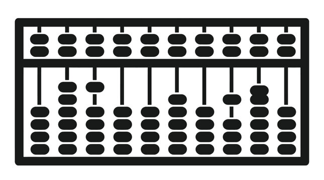 Minimalist vector icon of traditional abacus silhouette with beads on rods, ancient manual counting tool for arithmetic calculations, mathematics history illustration set