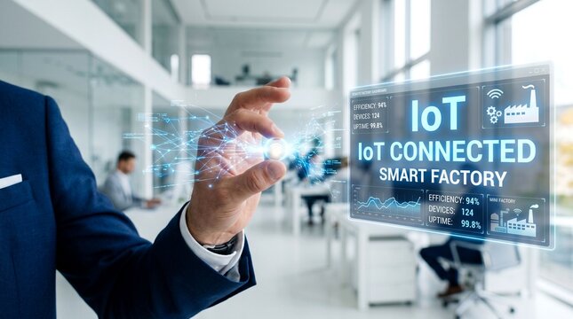 Businessman interacting with IoT connected smart factory interface in modern office