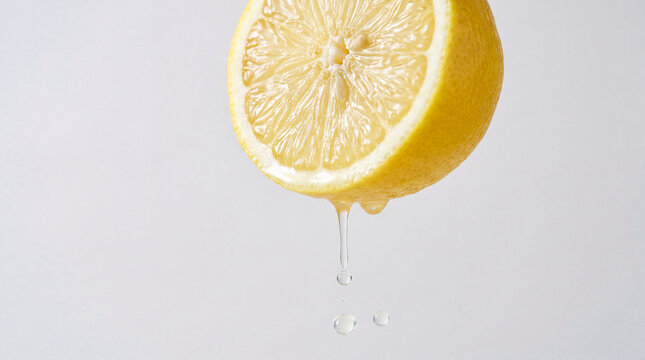 Lemon slice dripping juice on white background