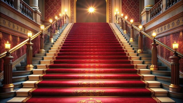 Luxurious red carpet leading up maroon steps with a glittering gold balustrade