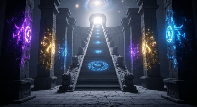 Majestic stone stairs ascend through a mysterious avenue flanked by ancient pillars inscribed with glowing, undecipherable cosmic markings, ascent, geometry, floating