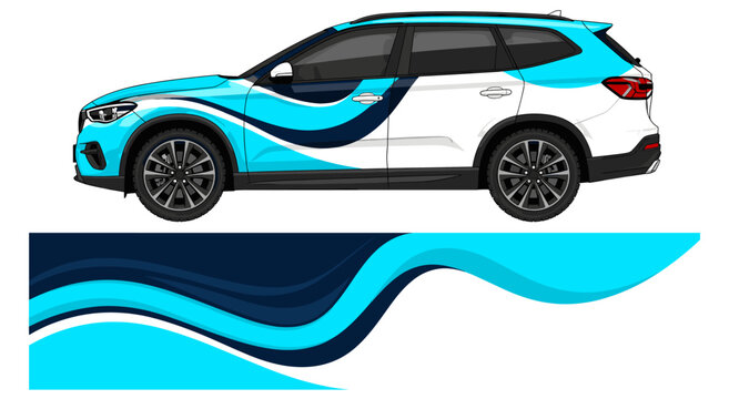 White SUV with blue and black wave wrap design.