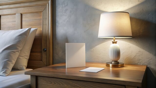 Minimalist white greeting card lying near vintage lamp on rustic wooden nightstand in contemporary hotel bedroom setting