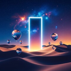 Naklejka premium Surreal desert landscape featuring a glowing rectangular portal framing a starry sky while translucent crystal balloons float above dunes, imaginative, ethereal, light