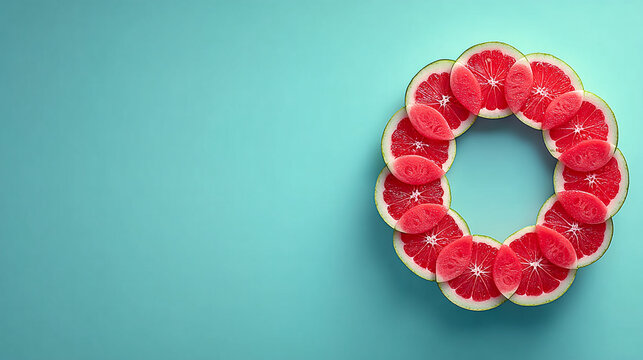 Grapefruit slices arranged in a circle with food preparation flat lay grapefruit