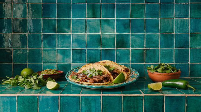 Tacos with lime on green tiled restaurant counter
