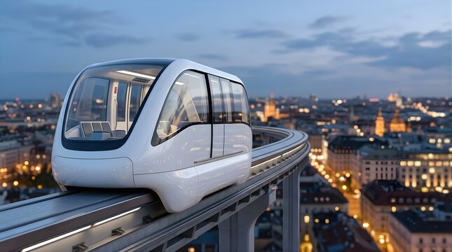 Futuristic autonomous shuttle traveling on an elevated rail above a city