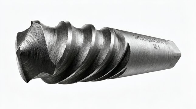Close-up of a metal screw extractor tool with spiral flutes on a white background