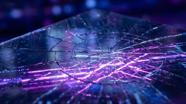 Broken glass shattered with tech vibes and purple light reflecting futuristic energy in close up macro shot of cracked panel design
