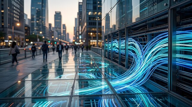 Glowing fiber optic cables running under city sidewalk at twilight