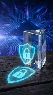 Crystal prism with digital security lock and glowing shield hologram on wooden surface featuring tech circuit technology background