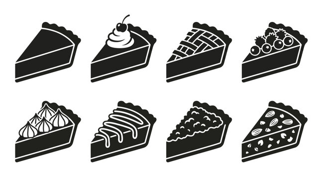 Minimalist vector icons of pie slices in varied styles with toppings, crust patterns, lattice, meringue, fruit fillings, dessert confectionery culinary illustration set