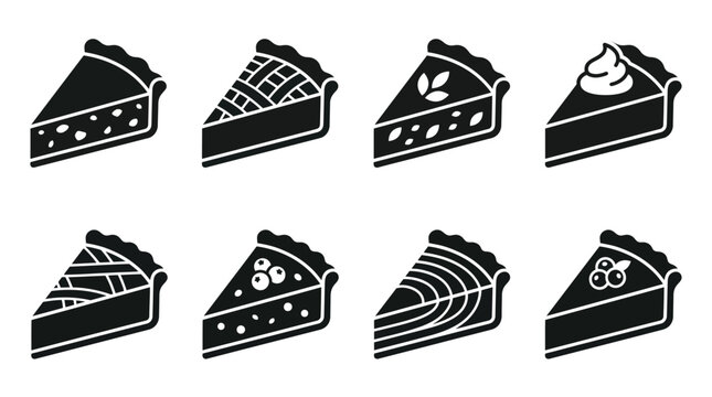 Minimalist vector icons of pie slices in varied styles with toppings, crust patterns, lattice, meringue, fruit fillings, dessert confectionery culinary illustration set