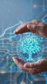 Digital tree technology glowing between hands with electric energy and circuit innovation symbolizing growth futuristic environment nurturing concept