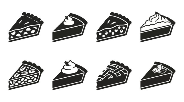 Minimalist vector icons of pie slices in varied styles with toppings, crust patterns, lattice, meringue, fruit fillings, dessert confectionery culinary illustration set