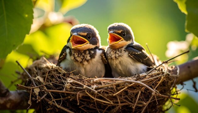 木の巣で口を大きく開けて鳴く二羽の燕の雛・自然光ボケの生命感あふれる野鳥写真