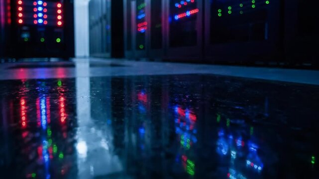 Data center server rack technology reflection blue light red light green light glowing floor tech vibes futuristic high tech environment
