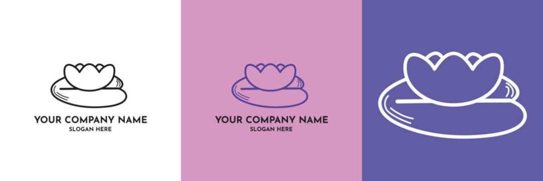 Minimalist lotus flower logo design template set, linear water lily on pond leaf emblem variations on multi colored backgrounds.