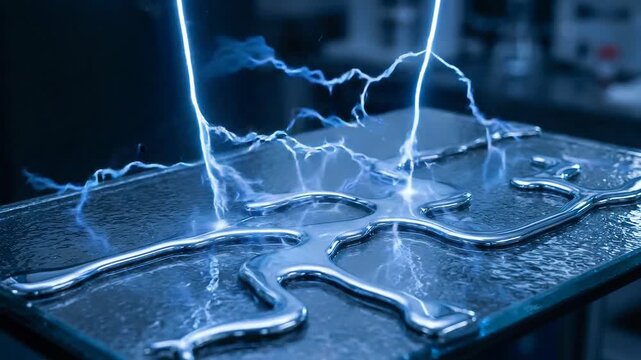 Electric discharge on metal surface with blue lightning sparks conductive current powers dynamic industrial technology energy flow