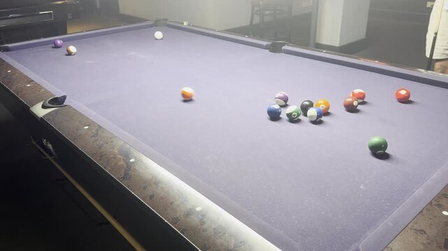 billiard table with balls. 4K Close Up Of Men Playing Billiards Striking Pool Balls